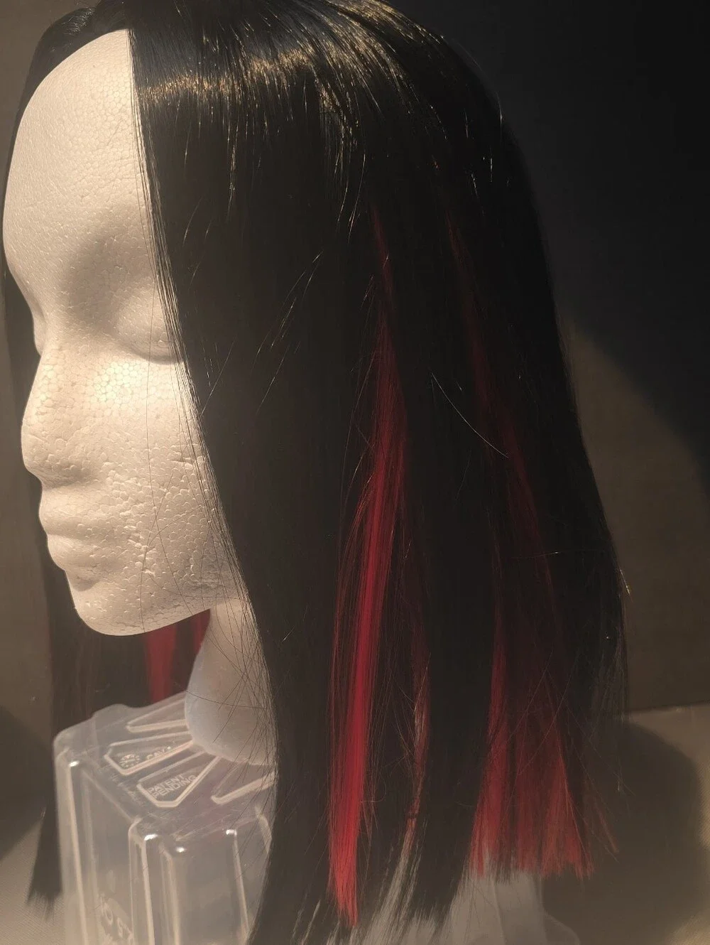 Black Med Length Bob Wig Striking Red Peekaboo Highlites All Around.Eaay Styling